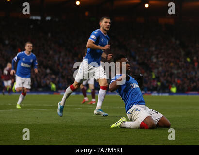 Hampden Park, Glasgow, Regno Unito. 3 Novembre, 2019. Scottish League Cup Calcio Rangers contro il cuore di Midlothian; Alfredo Morelos dei Rangers celebra dopo egli rende 3-0 per i Rangers in 62minuti di credito: Azione Sport Plus/Alamy Live News Foto Stock