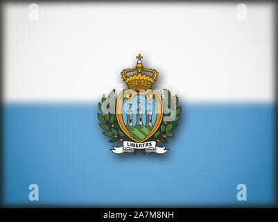 Lo stemma della Repubblica di San Marino e la bandiera sfocata di San Marino. Foto Stock