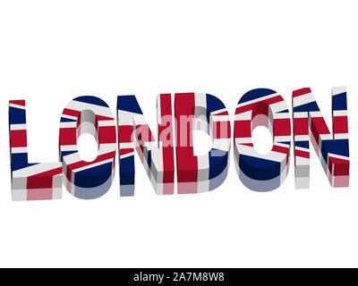 Londra con Union Jack bandiera britannica parola vettore testo 3D. Illustrazione Vettoriale