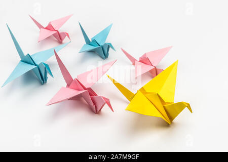 Origami uccelli gregge e leader di colore giallo su sfondo bianco. Il concetto di leadership. Giapponese carta ripiegata swan Foto Stock