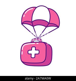 Cartoon kit di primo soccorso che rientrano con il paracadute. Materiali di consumo medicali box doodle, un aiuto veloce. Vettore isolato clip art illustrazione. Illustrazione Vettoriale