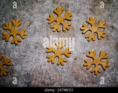 Gingerbread cookie sono tagliati in forma di un fiocco di neve fatto da impasto crudo su pergamena carta da forno su uno sfondo scuro. Vista da sopra. salvare spazio Foto Stock