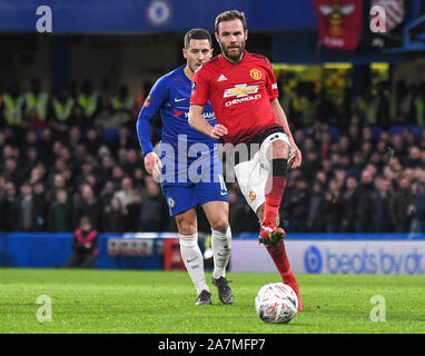 Londra, Inghilterra - 18 febbraio 2019: Juan Mata di Manchester mostrato durante il 2018/19 FA Cup quinto round gioco tra Chelsea FC e il Manchester United a Stamford Bridge. Foto Stock