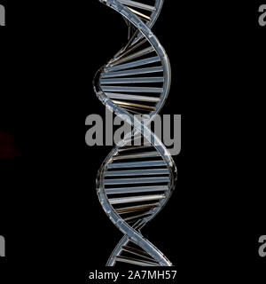 Catena di DNA spirale in diamond like materiale trasparente, isolato su sfondo nero, concetto di ingegneria genetica, la ricerca, il rendering 3d, 3d illust Foto Stock