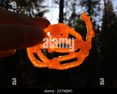 Immagine ravvicinata di un delizioso pezzo di Jalebi o Zulbia o Zalabia, un dolce Indiano/ dessert e popolare alimenti riscontrato in tutto il Sud Asia e Medio Oriente Foto Stock