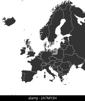 Moderno continente europeo con i paesi mappa politico illustrazione vettoriale. Colore nero. Mappa dell'Europa. Illustrazione Vettoriale