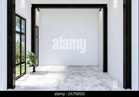 Moderno materiale calcestruzzo sala vuota spazio aperto interno con ampia finestra, rendering 3D Foto Stock