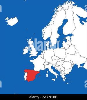 Europa mappa continente segnato la Spagna con il colore rosso illustrazione vettoriale. Sfondo blu. Illustrazione Vettoriale