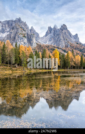 Idillica vista d'autunno al Lago d'Antorno con le Tre Cime di Lavaredo in background. Veneto, Italia. Foto Stock