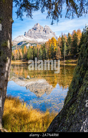 Idillica vista d'autunno al Lago d'Antorno con le Tre Cime di Lavaredo in background. Veneto, Italia. Foto Stock