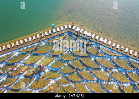 I visitatori un tuffo per rinfrescarsi in acqua in una posizione nota per il pesce in scala barriere sagomati che formano piccole cascate nel quartiere Fuyang, Hangzhou ci Foto Stock