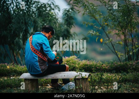 Un locale donna vietnamita produce abiti circondato da terrazze di riso nella piccola città di montagna Sapa nelle montagne a nord dell Indocina Foto Stock