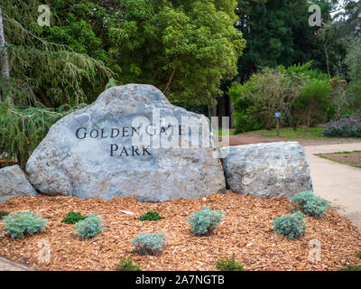 Golden Gate Park entrata segno inciso nella roccia Foto Stock