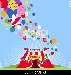 Circus banner e multi di palloncini colorati di varie dimensioni e forme. Illustrazione Vettoriale. Illustrazione Vettoriale