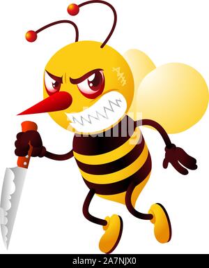 Un arrabbiato e collerico killer bee, cercando una vittima in possesso di un coltello con faccia furiosa illustrazione vettoriale. Illustrazione Vettoriale