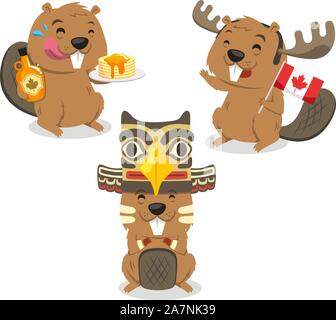 Canadian Beaver Holding Canada Bandiera, illustrazione vettoriale cartoon. Con beaver holding pancake, sciroppo d'acero, totem hat. Illustrazione Vettoriale