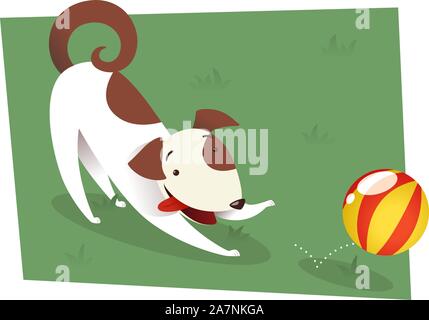 La riproduzione del cane per la cattura di rosso e di giallo palla. Marrone e bianco cane giocando sull'erba o un giardino formale con una sfera illustrazione vettoriale. Illustrazione Vettoriale