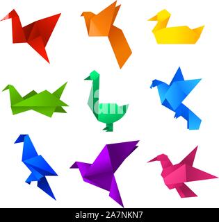 Origami uccelli set di icone. Con nove (9) diversi uccelli origami in diversi colori: rosso, arancione, giallo, verde turchese, blu, azzurro, vio Illustrazione Vettoriale