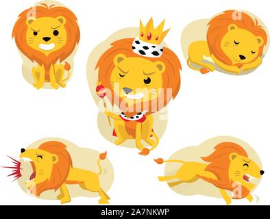 Cartoon lion azione impostata, il re della giungla. Con lion arrabbiato, coronata di Lion, sleeping lion, gridando Lion e Lion illustrazione vettoriale. Illustrazione Vettoriale