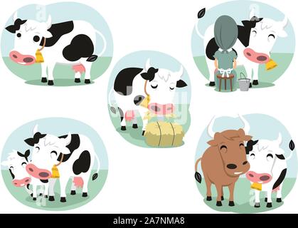 Cartoon mucca azione impostata, con graziosi graziosa giovenca in cinque diverse situazioni simili in piedi per vacca da latte, Mangiare mucca, il latte di vacca, latte di mucca e di Bull e la mucca con Illustrazione Vettoriale