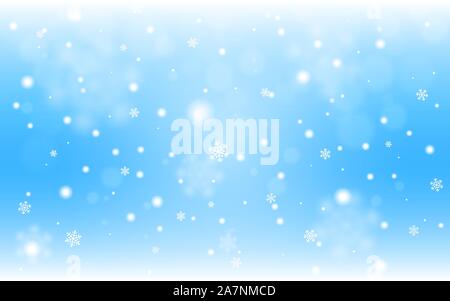 Neve lo sfondo è blu. Nevicata di natale con fiocchi sfocati. Concetto di inverno con la caduta di neve. Holiday texture e gli elementi bianchi. Vector illustrat Illustrazione Vettoriale