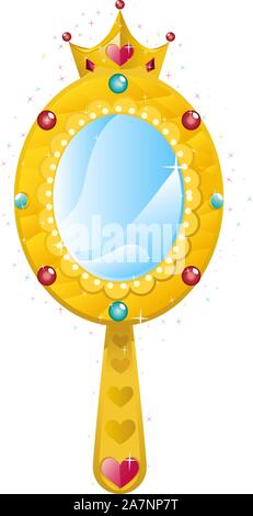 Crown Princess magico specchio dorato con brillanti cuori e diamanti illustrazione vettoriale. Illustrazione Vettoriale