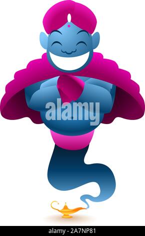 Viola Cartoon genie sorridente pronto a concedere qualsiasi desiderio. Illustrazione Vettoriale