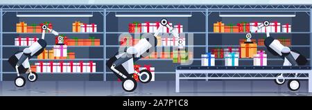 I robot industriali caricamento dono scatole presenti sul nastro trasportatore buon Natale felice anno nuovo celebrazione concetto moderno magazzino orizzontale interna illustrazione vettoriale Illustrazione Vettoriale