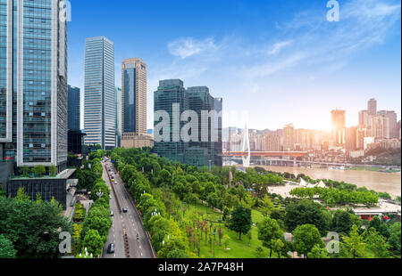 Scena, panorama, distretto, park, architettura, Asia, blu, bridge, edificio, edifici, business center, Cina, Chongqing, città cityscape, downtown, Foto Stock