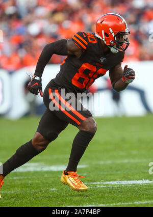 Denver, CO, Stati Uniti d'America. 03 Nov, 2019. Cleveland Browns wide receiver Jarvis Landry (80) esegue un percorso nella prima metà del gioco tra Denver e Cleveland a potenziare il campo a Denver, CO. Derek Regensburger/CSM/Alamy Live News Foto Stock