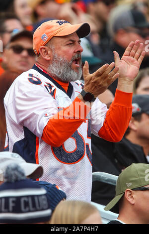 Denver, CO, Stati Uniti d'America. 03 Nov, 2019. Una ventola Broncos cheers sul suo compagno di squadra nella prima metà del gioco tra Denver e Cleveland a potenziare il campo a Denver, CO. Derek Regensburger/CSM/Alamy Live News Foto Stock