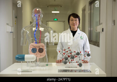 (191104) -- PECHINO, nov. 4, 2019 (Xinhua) -- Geng Meiyu, chiave inventore del farmaco GV-971, anche un ricercatore di Shanghai Institute of Materia Medica sotto Accademia cinese delle scienze, pone per le foto alla verde valle institute a Shanghai in Cina orientale, nov. 3, 2019. Una casa coltivati il farmaco per il trattamento del morbo di Alzheimer è stato approvato dalla National Medical Products Administration per colpire il mercato, secondo i suoi sviluppatori sabato. Il farmaco, GV-971, è stato sviluppato da Ocean University of China, Shanghai Institute of Materia Medica sotto Accademia cinese delle scienze e verde valle Pha Foto Stock