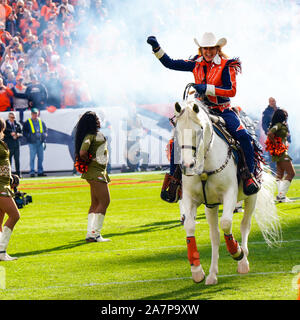 Novembre 03, 2019: Denver Broncos mascotte Thunder corre sul campo prima che il gioco tra Denver e Cleveland a potenziare il campo a Denver, CO. Denver appeso a vincere 24-19 per migliorare a 3-6. Derek Regensburger/CSM. Foto Stock