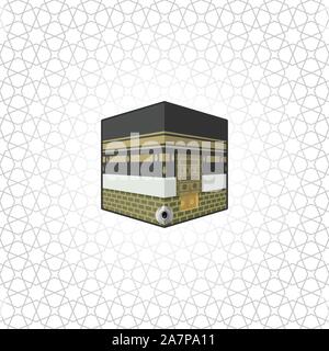 Kaaba edificio al centro della Grande Moschea della Mecca, Musulmana edificio di culto, Cartoon illustrazione vettoriale icona, in geometria islamica dello sfondo. Illustrazione Vettoriale