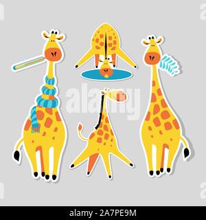 Gli adesivi con Cartoon carino giraffe. Funny animali africani in situazioni diverse. Appartamento illustrazione vettoriale. Illustrazione Vettoriale