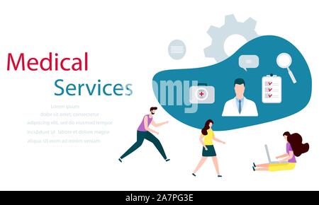Illustrazione Vettoriale di persone, online medico, elenco degli appuntamenti medici, kit di primo soccorso, magnifier Online supervisione medica servizi di monitoraggio Flat Illustrazione Vettoriale