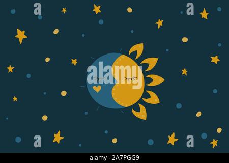 Sonno di sole e luna. Stelle nel cielo. Illustrazione Vettoriale. Di giorno e di notte. Sfondo blu. Illustrazione Vettoriale
