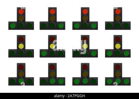 Serie di semafori. Rosso, giallo e verde. Il traffico è dritto, a destra e a sinistra. Illustrazione Vettoriale. Illustrazione Vettoriale