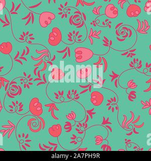 Vettore di seamless pattern botanico con doodle tulipani in colori luminosi Illustrazione Vettoriale