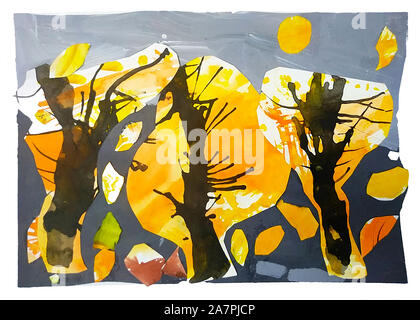In legno di carta applique, collage acquerello autunno Foto Stock