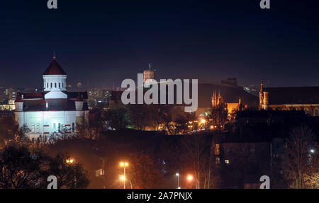 Vilnius city illuminata di notte con Gediminas la torre e la chiesa della Santa Madre di Dio dal bastione hill Foto Stock