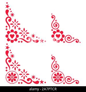 Scandinavian floreali angolo vettore impostare, folk elementi di design con Fiori in rosso su sfondo bianco Illustrazione Vettoriale