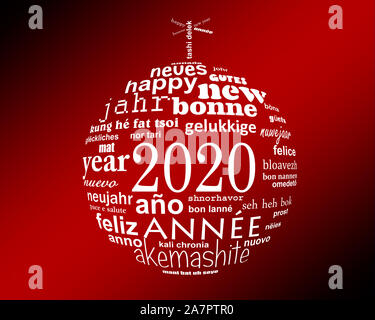 2020 anno nuovo il bianco e il rosso il testo multilingue word cloud biglietto di auguri a forma di palla di Natale Foto Stock