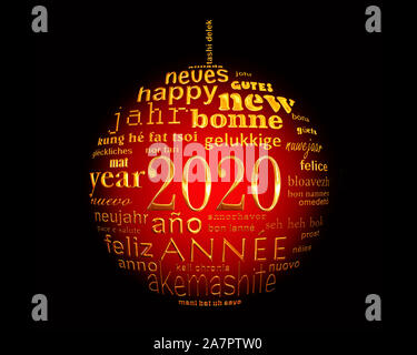 2020 anno nuovo , rosso nero e oro il testo multilingue word cloud biglietto di auguri a forma di palla di Natale Foto Stock