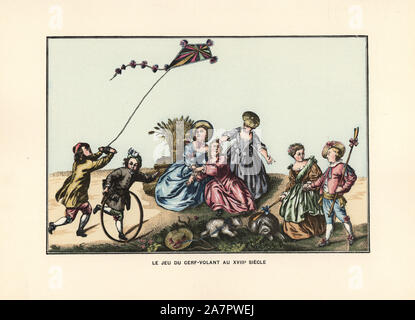 I bambini volare un aquilone, cerchi di rotolamento e giocare al pastore e pastorella, XVIII secolo. Litografia Handcolored da Henry Rene Allemagne di sport e giochi di abilità (Sport et Jeux d'Adresse), Librairie Hachette, Parigi, 1903. Foto Stock