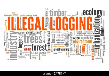 Le pratiche di disboscamento illegale word cloud. La criminalità ambientale concetto. Foto Stock