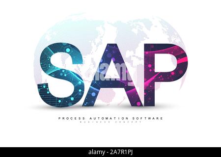 SAP Business process automation software. ERP Enterprise Resources Planning il concetto di sistema modello di pagina di intestazione. Il futuro della tecnologia sci-fi concetto SAP Illustrazione Vettoriale