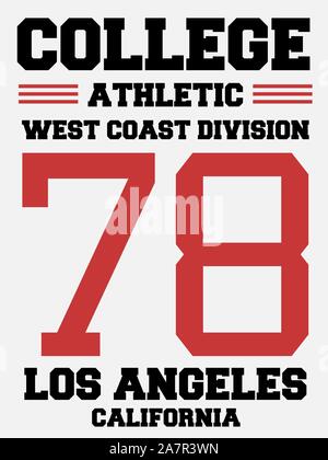 Jersey athletic design - collegio sport fashion tipografia. West Coast - Los Angeles, California. Illustrazione Vettoriale