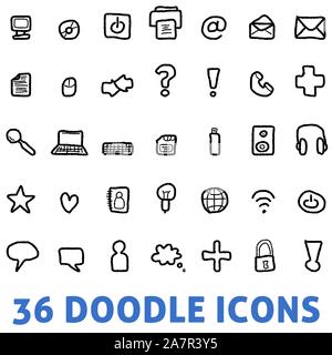 Doodle computer icone set - icona sketchy collezione. Illustrazione Vettoriale
