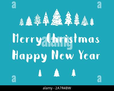 Merry Christmas testo con piccoli alberi di Natale. Biglietto di auguri vettore. Bianco e blu. Illustrazione Vettoriale